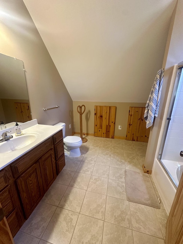 18440 Hardwood Trl, Hillman, MI 49746 - bathroom with vaulted ceiling, vanity, tile patterned flooring, and shower / bath combination with glass door