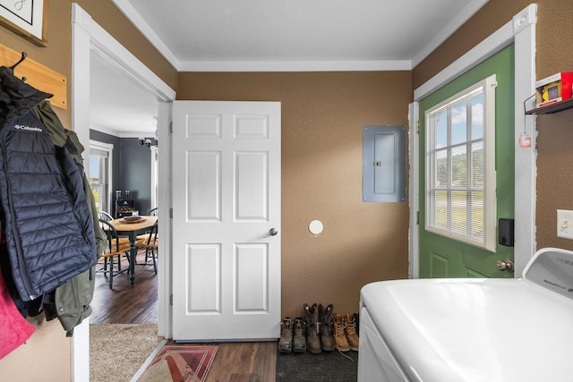 8934 Roberts Rd, Mancelona, MI 49659 - washroom featuring washer / clothes dryer, electric panel, dark wood finished floors, a textured wall, and crown molding