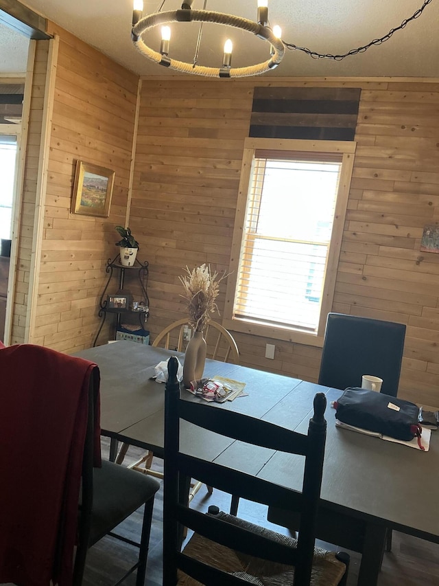 314 Sable St, Alpena, MI 49707 - dining space with wood walls and a chandelier