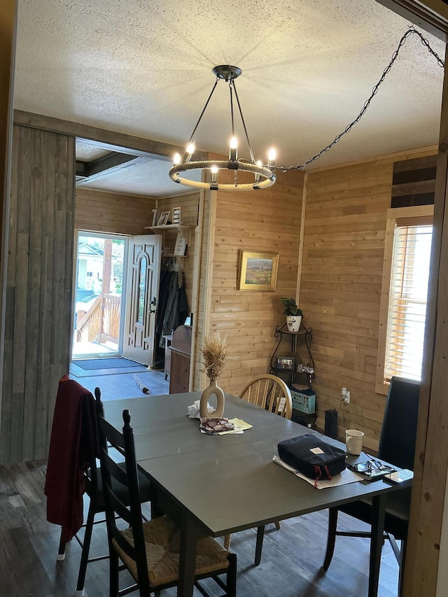 314 Sable St, Alpena, MI 49707 - dining area with wooden walls, a chandelier, wood finished floors, and a textured ceiling