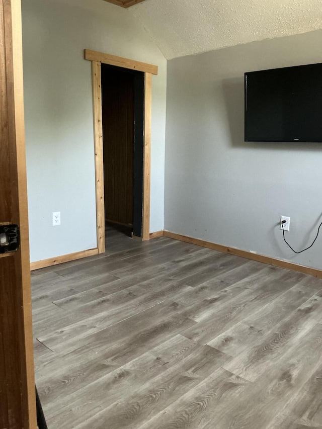 314 Sable St, Alpena, MI 49707 - unfurnished living room featuring wood finished floors, vaulted ceiling, and a textured ceiling
