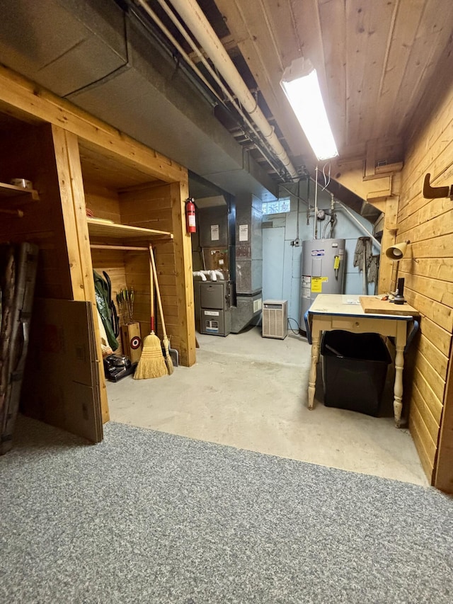 13333 S Black River Rd, Onaway, MI 49765 - unfinished basement with electric water heater, wood walls, and heating unit