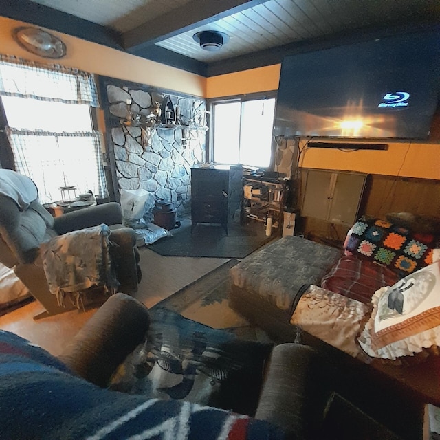5597 Sunridge Dr, Elmira, MI 49730 - living area featuring beamed ceiling and wood finished floors