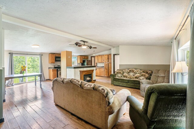 7539 E M-32, Johannesburg, MI 49751 - living room with light wood-type flooring, a textured ceiling, and a fireplace
