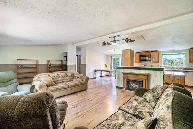7539 E M-32, Johannesburg, MI 49751 - living room with light wood-style floors, a textured ceiling, and a glass covered fireplace