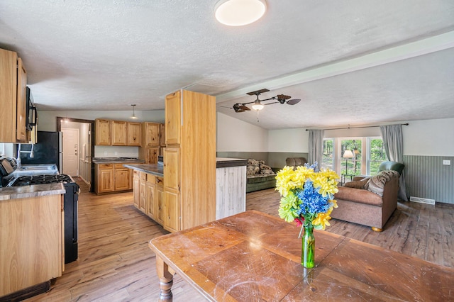 7539 E M-32, Johannesburg, MI 49751 - dining space featuring light wood finished floors, a textured ceiling, and ceiling fan