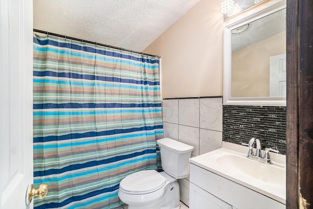 7539 E M-32, Johannesburg, MI 49751 - full bathroom featuring tile walls, a textured ceiling, vanity, curtained shower, and tasteful backsplash