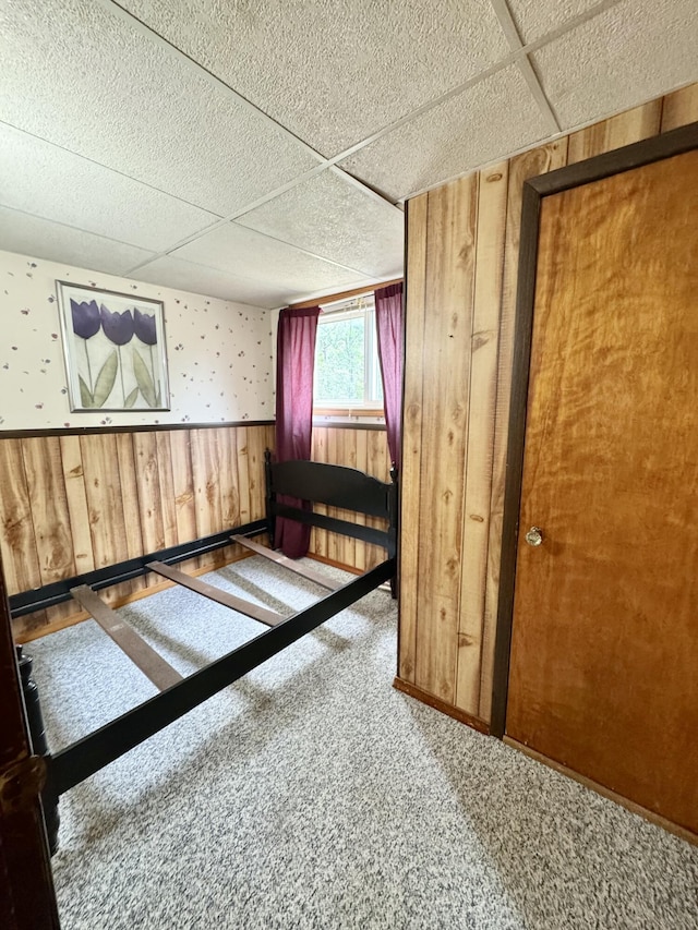 2833 S Horseshoe Trl, Grayling, MI 49738 - unfurnished bedroom with carpet, wainscoting, wood walls, and a paneled ceiling