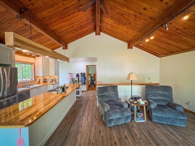 18680 Red Pine Dr, Hillman, MI 49746 - sitting room featuring track lighting, dark wood-style floors, wood ceiling, and ceiling fan