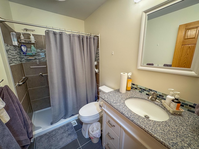18680 Red Pine Dr, Hillman, MI 49746 - full bathroom with vanity, a stall shower, decorative backsplash, and tile patterned flooring
