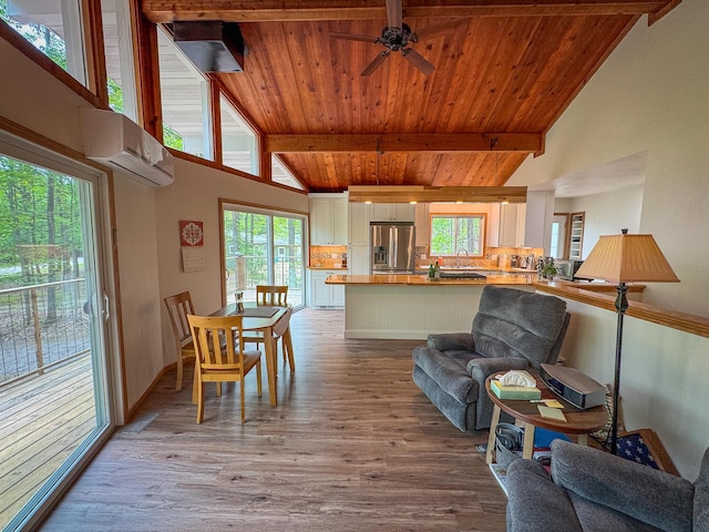 18680 Red Pine Dr, Hillman, MI 49746 - dining room featuring a wall unit AC, a wood ceiling with exposed beams, wood finished floors, ceiling fan, and high vaulted ceiling