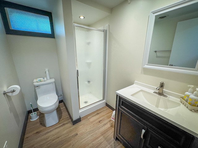 18680 Red Pine Dr, Hillman, MI 49746 - full bathroom featuring wood finished floors, vanity, a stall shower, and recessed lighting