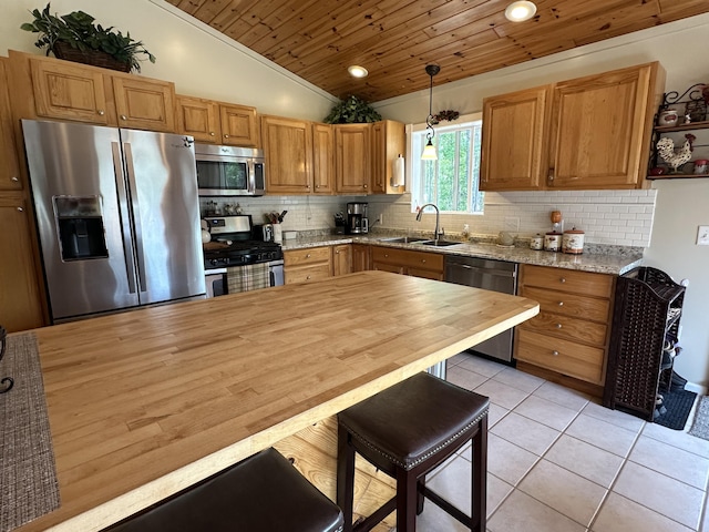 2131 Big Buck Dr, Lewiston, MI 49756 - kitchen with appliances with stainless steel finishes, wooden ceiling, lofted ceiling, tasteful backsplash, and decorative light fixtures