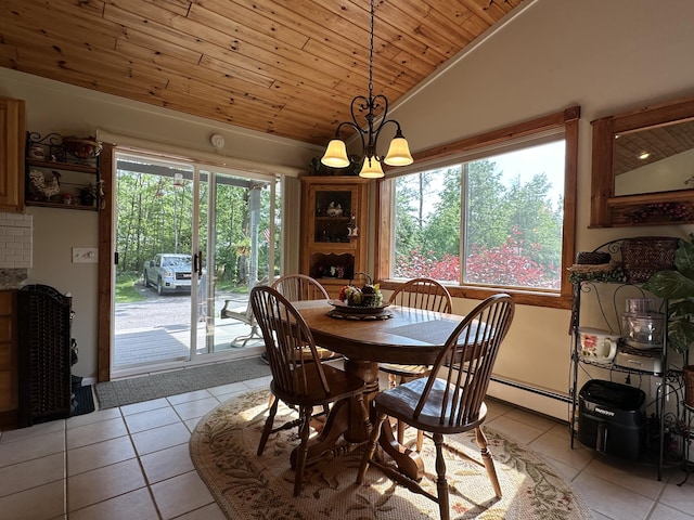 2131 Big Buck Dr, Lewiston, MI 49756 - dining area featuring vaulted ceiling, light tile patterned floors, wood ceiling, and a chandelier