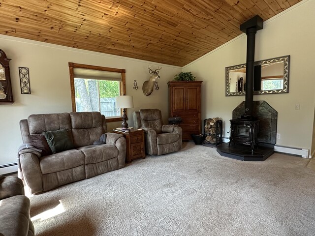 2131 Big Buck Dr, Lewiston, MI 49756 - living area featuring a wood stove, vaulted ceiling, wood ceiling, carpet floors, and crown molding