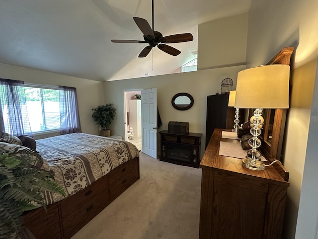 2131 Big Buck Dr, Lewiston, MI 49756 - bedroom with light colored carpet, lofted ceiling, ceiling fan, and connected bathroom