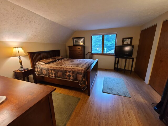1514 Opal Lake Rd, Gaylord, MI 49735 - bedroom with wood finished floors, lofted ceiling, and a textured ceiling