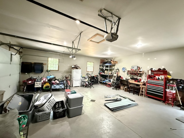2176 Deepwoods Dr, Gaylord, MI 49735 - garage featuring freestanding refrigerator and a garage door opener