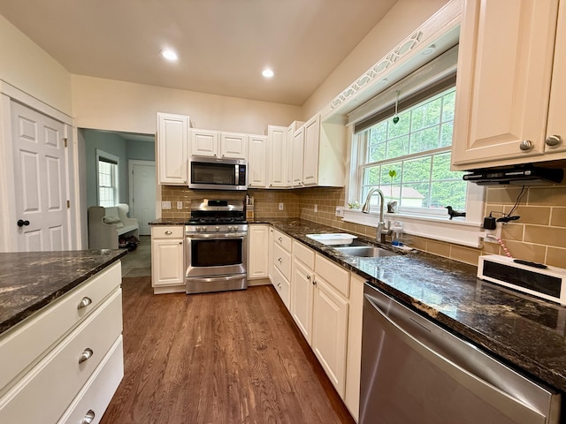 2176 Deepwoods Dr, Gaylord, MI 49735 - kitchen with stainless steel appliances, dark wood-style floors, plenty of natural light, tasteful backsplash, and recessed lighting