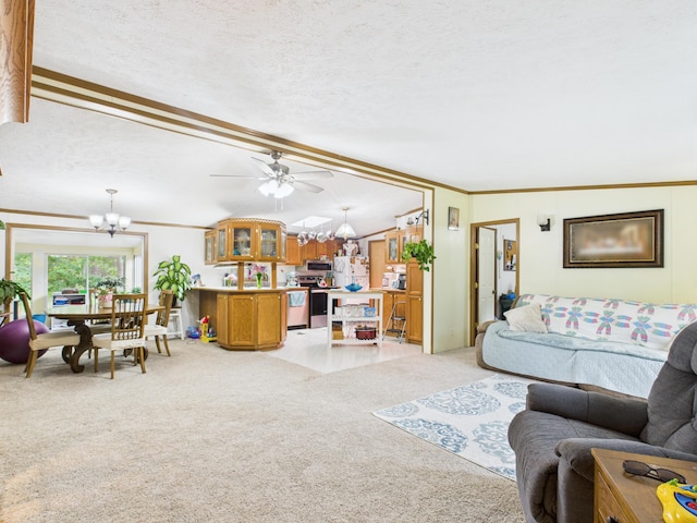 2651 Chipmunk Trl, Grayling, MI 49738 - living room featuring light colored carpet, a chandelier, a textured ceiling, ceiling fan, and crown molding