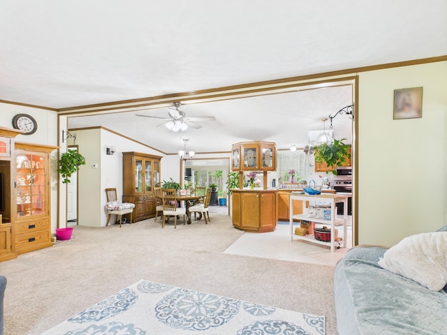 2651 Chipmunk Trl, Grayling, MI 49738 - living area featuring ornamental molding, light carpet, and ceiling fan