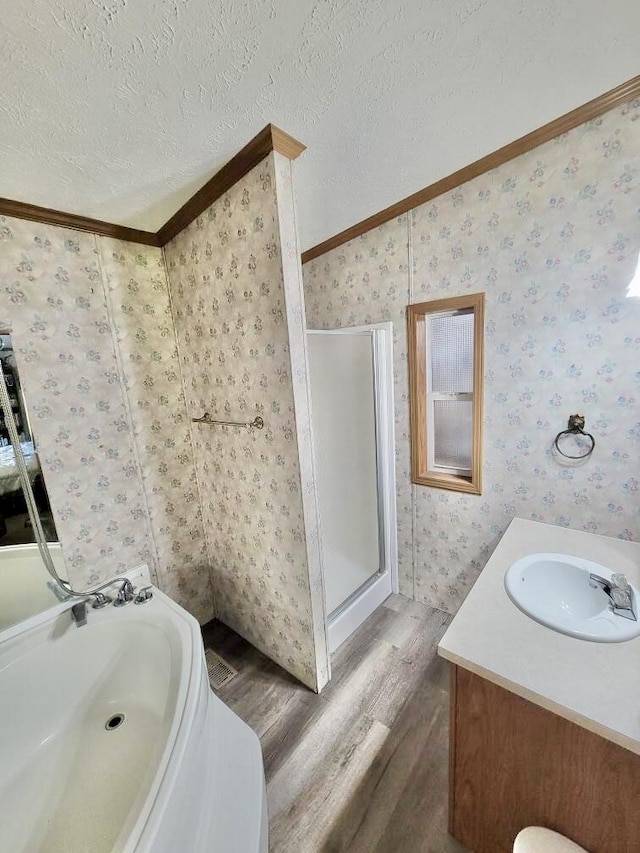 2651 Chipmunk Trl, Grayling, MI 49738 - bathroom with wood finished floors, crown molding, vanity, wallpapered walls, and a shower stall