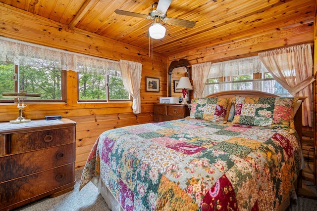 1960 Highbank Trl, Lewiston, MI 49756 - bedroom featuring wooden ceiling, wood walls, and carpet