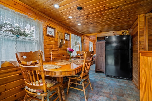 1960 Highbank Trl, Lewiston, MI 49756 - dining area with wooden walls, stone finish flooring, recessed lighting, and wooden ceiling