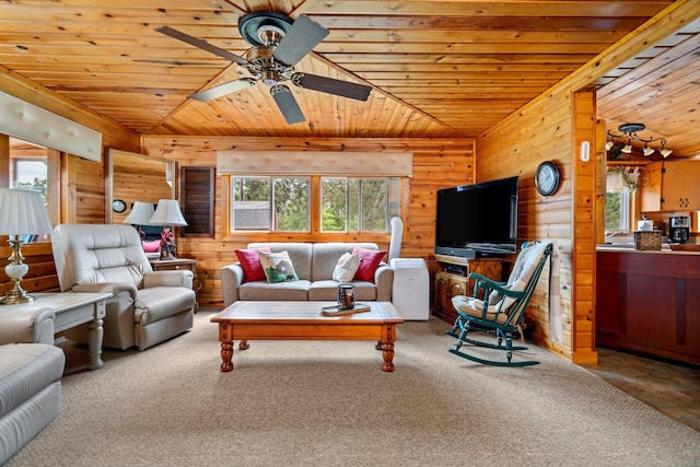 1960 Highbank Trl, Lewiston, MI 49756 - living area featuring healthy amount of natural light, wooden walls, wood ceiling, ceiling fan, and vaulted ceiling