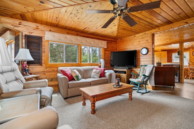 1960 Highbank Trl, Lewiston, MI 49756 - living room with wooden walls, wooden ceiling, and ceiling fan