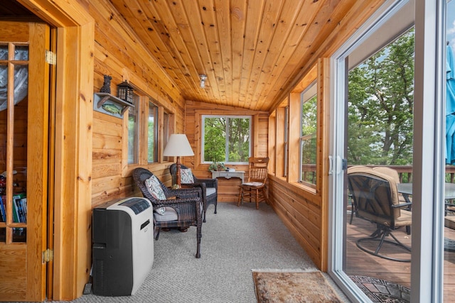 1960 Highbank Trl, Lewiston, MI 49756 - sunroom / solarium featuring lofted ceiling, carpet, wood walls, and wood ceiling
