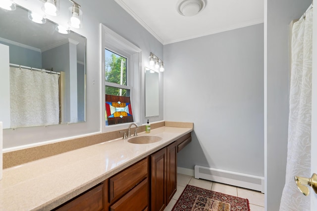 9660 Richardson Rd, Cheboygan, MI 49721 - bathroom featuring baseboard heating, vanity, crown molding, and tile patterned floors