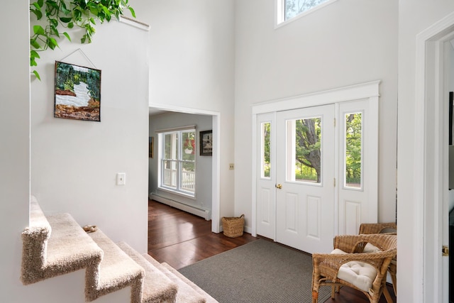 9660 Richardson Rd, Cheboygan, MI 49721 - foyer entrance with a baseboard radiator, plenty of natural light, a high ceiling, and wood finished floors