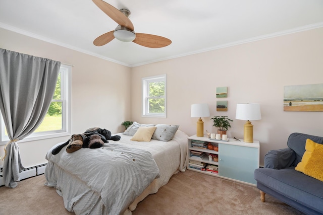 9660 Richardson Rd, Cheboygan, MI 49721 - bedroom featuring carpet, multiple windows, ornamental molding, a baseboard radiator, and ceiling fan