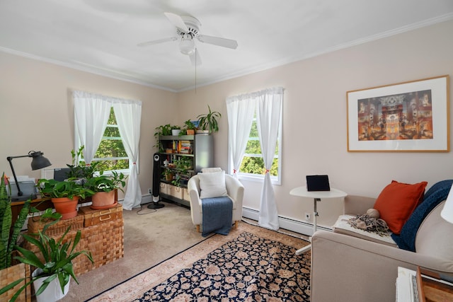 9660 Richardson Rd, Cheboygan, MI 49721 - living room with ornamental molding, ceiling fan, and baseboard heating