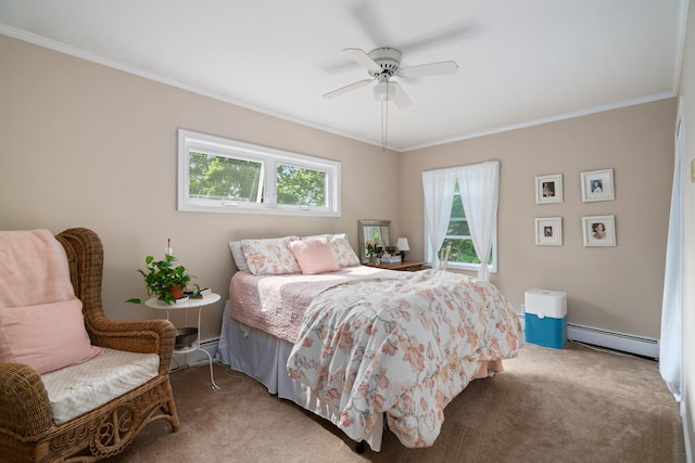 9660 Richardson Rd, Cheboygan, MI 49721 - bedroom with a baseboard radiator, light colored carpet, ornamental molding, and a ceiling fan