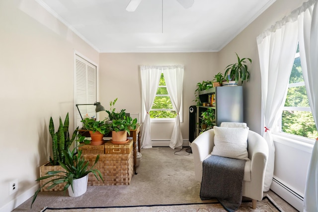 9660 Richardson Rd, Cheboygan, MI 49721 - living area featuring baseboard heating, carpet, crown molding, and ceiling fan