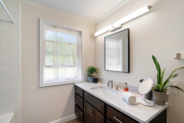 9660 Richardson Rd, Cheboygan, MI 49721 - full bathroom featuring vanity, crown molding, and tub / shower combination
