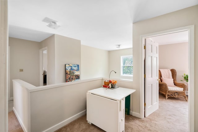 9660 Richardson Rd, Cheboygan, MI 49721 - hall featuring light carpet, a baseboard heating unit, and an upstairs landing