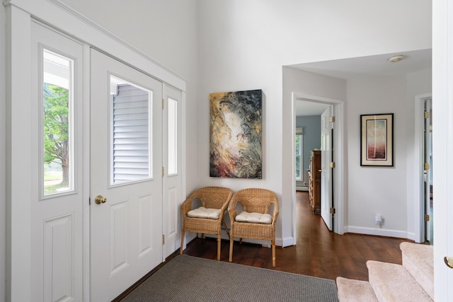 9660 Richardson Rd, Cheboygan, MI 49721 - entryway with dark wood finished floors, stairs, and a baseboard heating unit