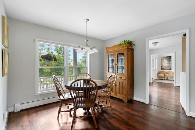 9660 Richardson Rd, Cheboygan, MI 49721 - dining space featuring a baseboard radiator, a chandelier, and dark wood-style floors