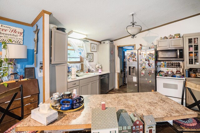 6304 Old 27, Vanderbilt, MI 49795 - kitchen featuring appliances with stainless steel finishes, ornamental molding, a textured ceiling, gray cabinetry, and lofted ceiling