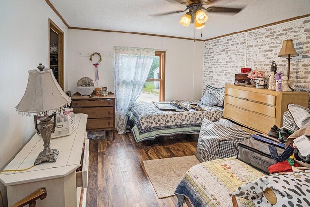 6304 Old 27, Vanderbilt, MI 49795 - bedroom featuring ornamental molding, dark wood-type flooring, a textured ceiling, and ceiling fan