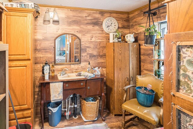6304 Old 27, Vanderbilt, MI 49795 - bathroom with vanity, wood finished floors, a textured ceiling, wooden walls, and crown molding