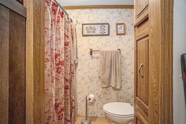 6304 Old 27, Vanderbilt, MI 49795 - bathroom with wallpapered walls, ornamental molding, and a shower with shower curtain