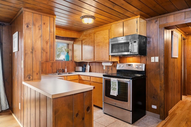 2061 Dreamers Ln, Lewiston, MI 49756 - kitchen with appliances with stainless steel finishes, wood ceiling, a peninsula, wood walls, and light countertops