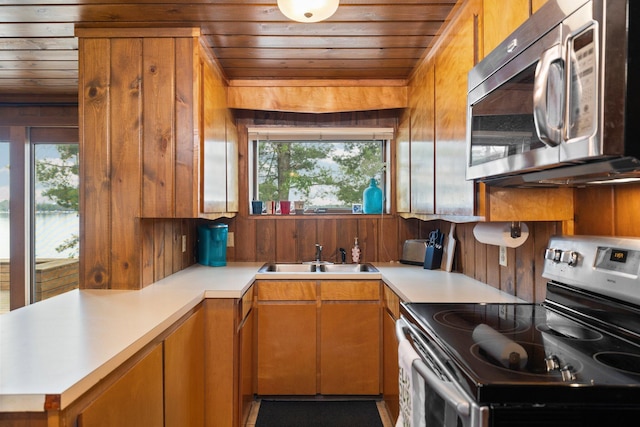 2061 Dreamers Ln, Lewiston, MI 49756 - kitchen featuring appliances with stainless steel finishes, wooden ceiling, healthy amount of natural light, light countertops, and brown cabinets