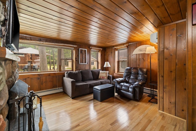2061 Dreamers Ln, Lewiston, MI 49756 - living room featuring a baseboard radiator, wood walls, light wood finished floors, and wood ceiling