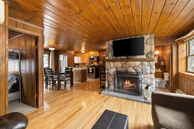 2061 Dreamers Ln, Lewiston, MI 49756 - living area with wooden walls, a stone fireplace, wood ceiling, light wood-style floors, and a baseboard radiator