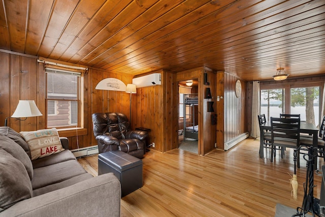 2061 Dreamers Ln, Lewiston, MI 49756 - living area with a baseboard radiator, wooden ceiling, light wood finished floors, wooden walls, and an AC wall unit